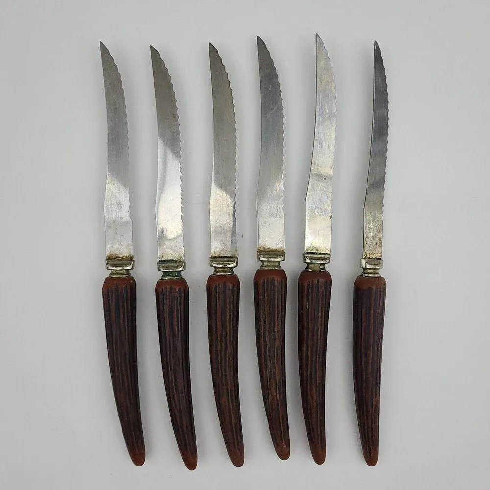 6 Vtg Regal Crest Steak Knives Sheffield England Stag Type Handles Stainless